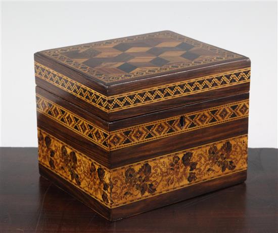 A 19th century Tunbridgeware rosewood perspective cube tea caddy, 6in.